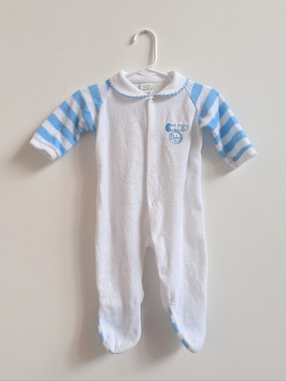 Vtg Sleeper Baby Terry Cloth Newborn 90s Blue White